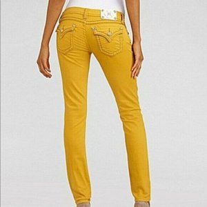MISS ME JEANS skinny flap pocket thick stitch rhinestones mustard low rise 3